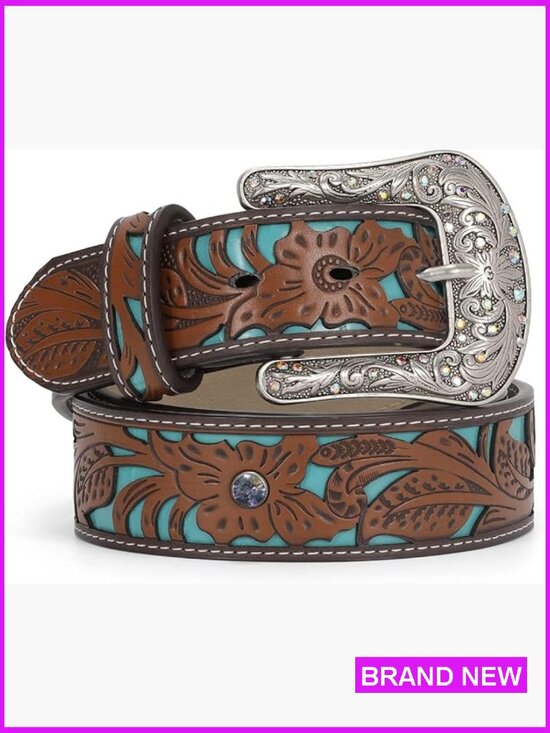 Accessories - Western Belt Rhinestone Buckle Adjustable Faux Leather Cowgirl Style Accessory